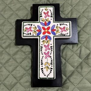 Ceramic Cross with Painted Flowers on Black Wooden 10” Cross